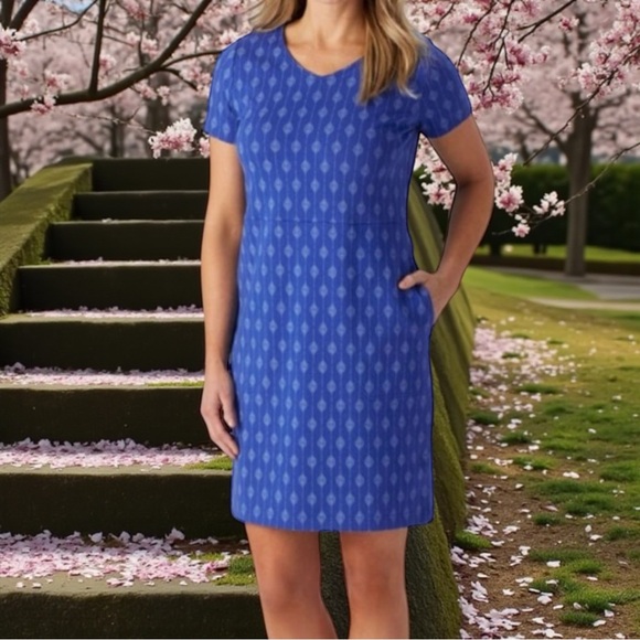 Duluth Trading Co NoGa Naturale Cotton Short Sleeve Dress in Blue Batik Small - Picture 1 of 7